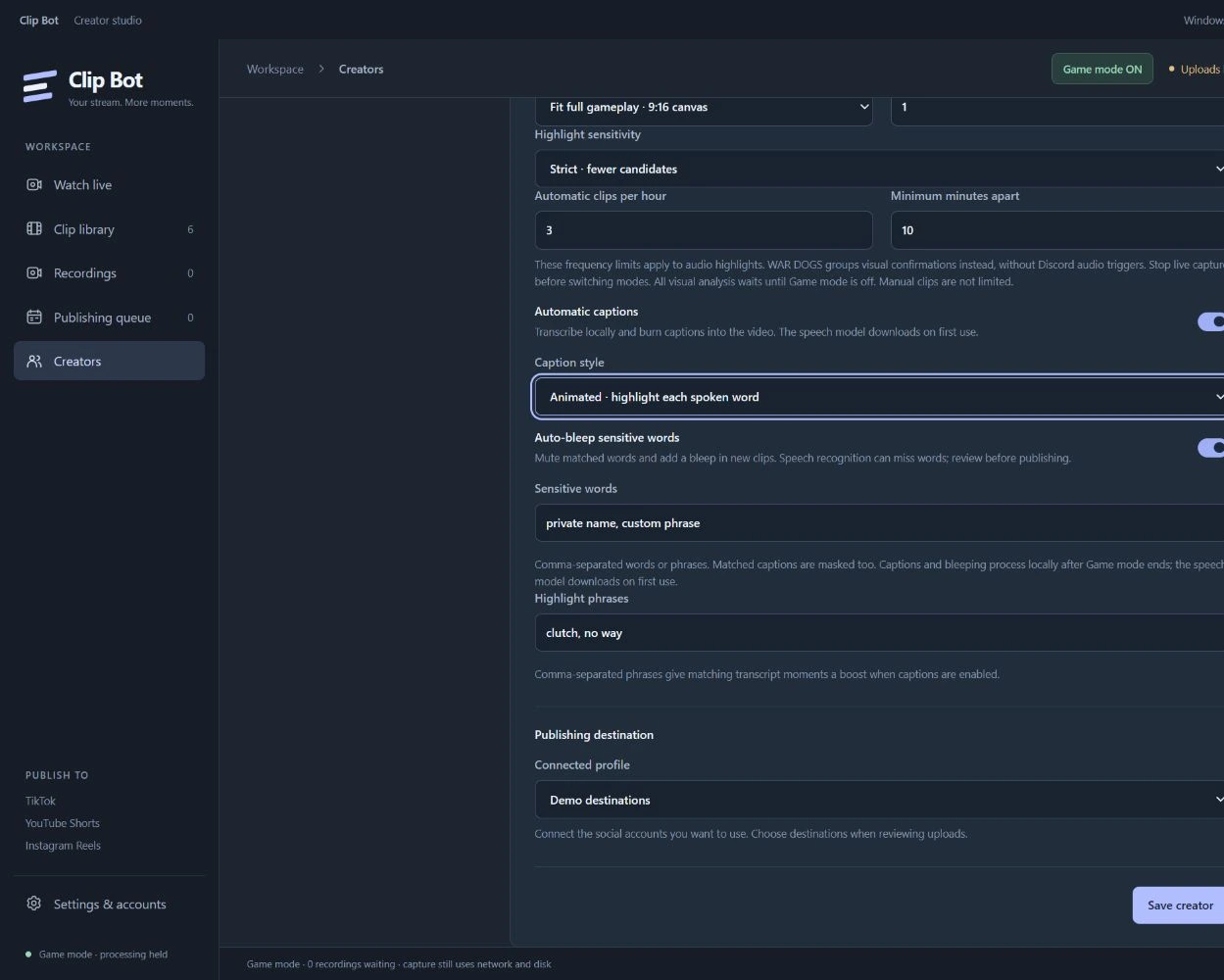 Actual creator settings for animated captions and automatic sensitive-word bleeping