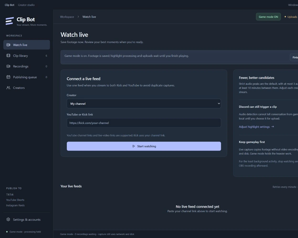 Clip Bot live-feed setup with a creator selector and YouTube or Kick link field