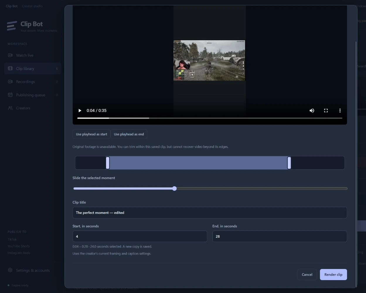 Actual Clip Bot editor showing start and end handles, the selection slider, and exact timing fields