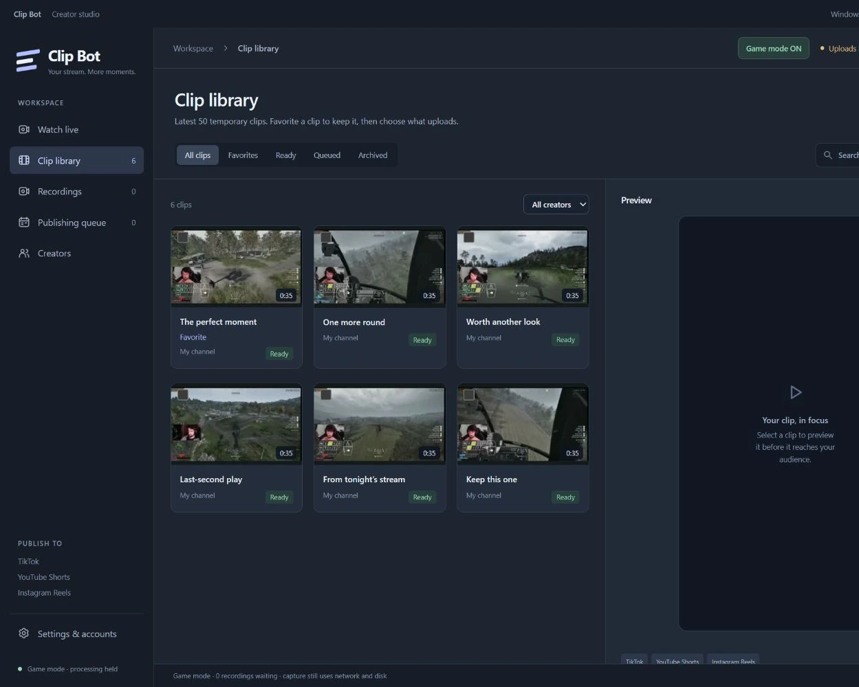 Clip Bot with Game mode on, processing held, and uploads held
