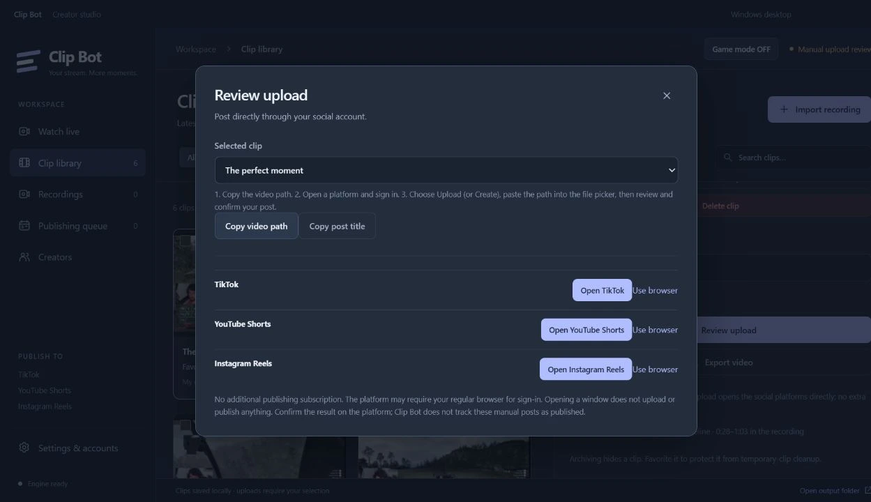 Clip Bot upload review with direct social-platform windows and video-path and title controls